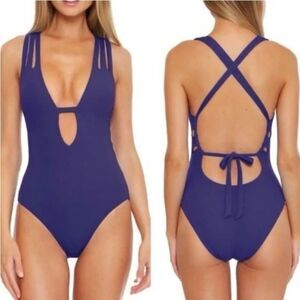BECCA Navy Blue Skylar Plunge One-Piece
Cross Back No Seams Swimsuit Size L